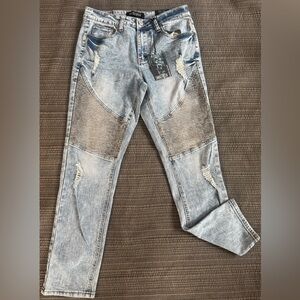Smoke & Ash Jeans Men’s 34x32 Blue Acid Wash Biker Skinny Fit Grunge Stretch NWT